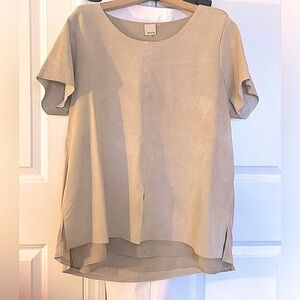 Ecru Textured REAL Suede Short Sleeve Front Slit Layered Look Top in Tan. XL